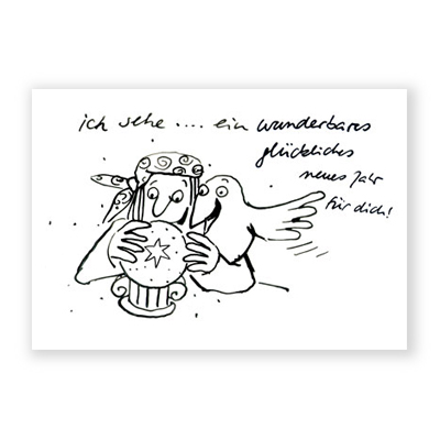 Cartoon-Neujahrskarten mit Wahrsagerin, Glaskugel und Rabe: ich sehe ... ein wunderbares glückliches neues Jahr für Dich