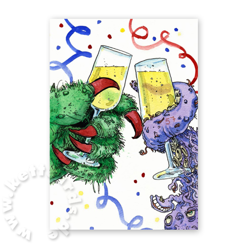 Prosit Neujahr, Cartoon-Neujahrskarten mit Außerirdischen