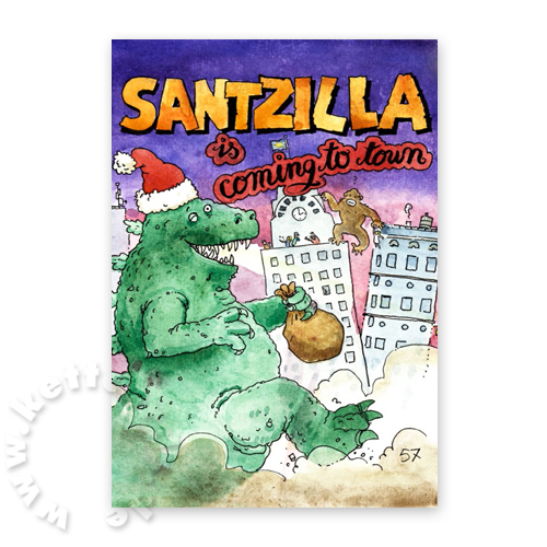 Santzilla is coming to town, Cartoon-Weihnachtskarten