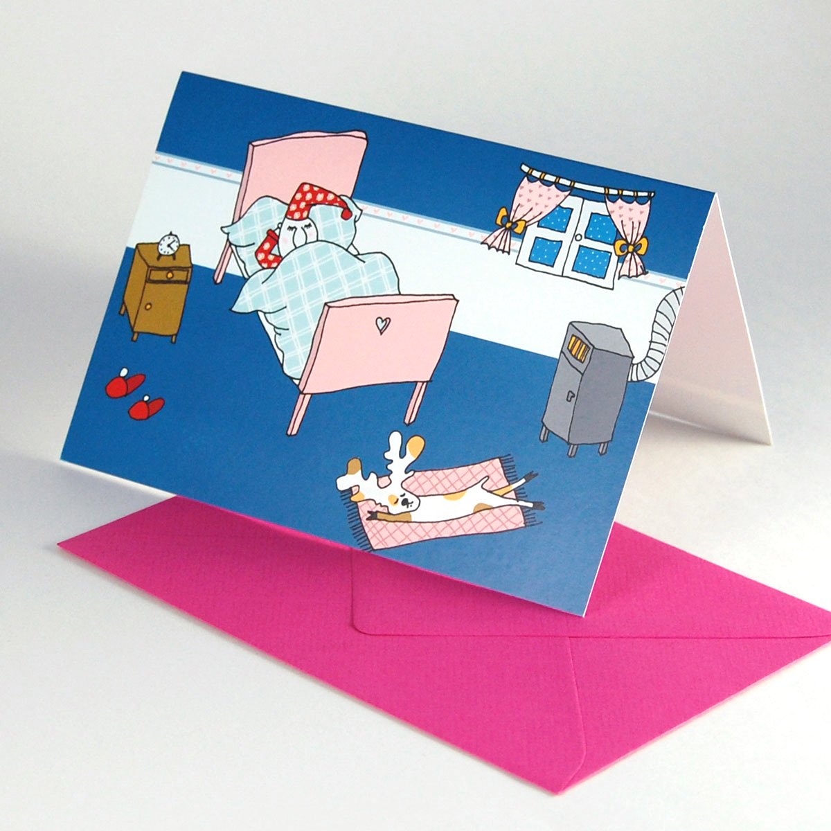 der Weihnachtsmann schläft, witzige Weihnachtskarten mit pinken Umschlägen