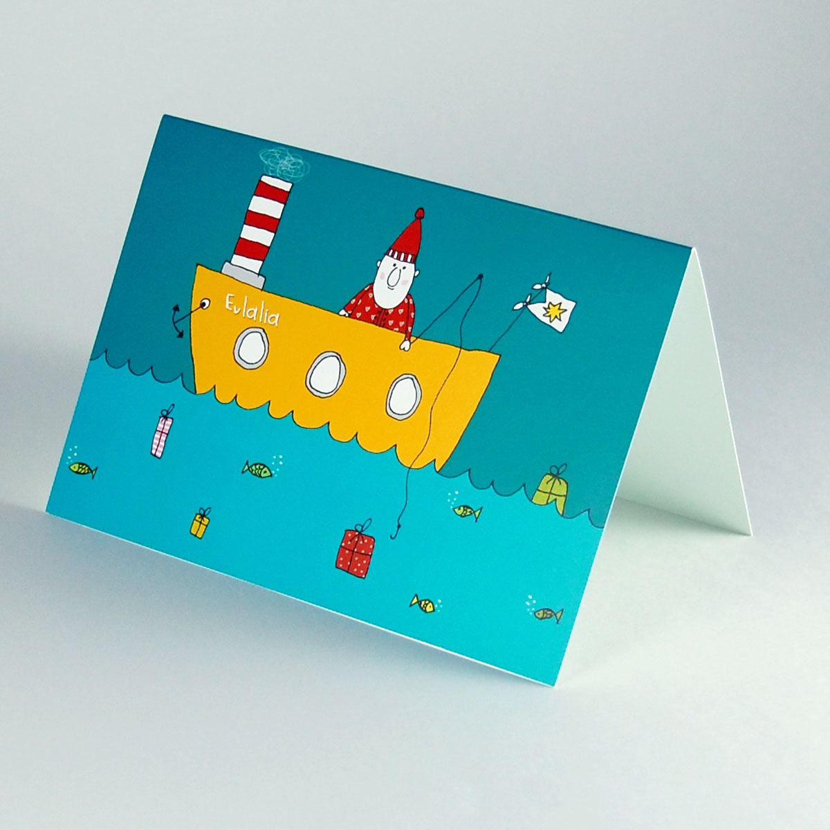 Weihnachtsmann auf hoher See beim Geschenke-Angeln, witzige Weihnachtskarten