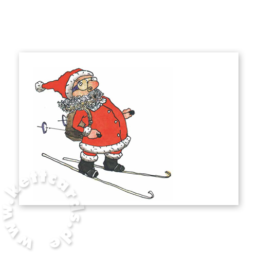 etwas ungelenker Weihnachtsmann auf Skiern, witzige Weihnachtskarten