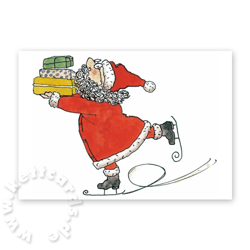 eleganter, schlittschuhfahrender Weihnachtsmann mit Geschenken, illustrierte Weihnachtskarten