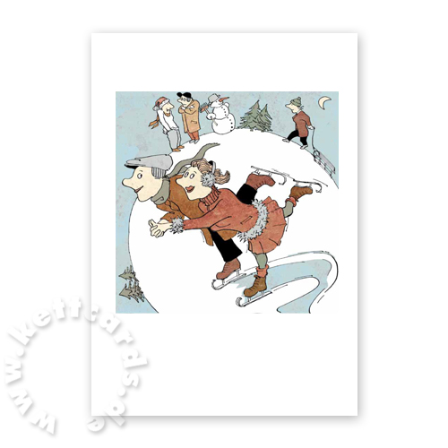 Wintervergnüngen (Schlittschuhlaufen, Schneemannbauen, Schlittenfahren), gezeichnete Weihnachtskarten