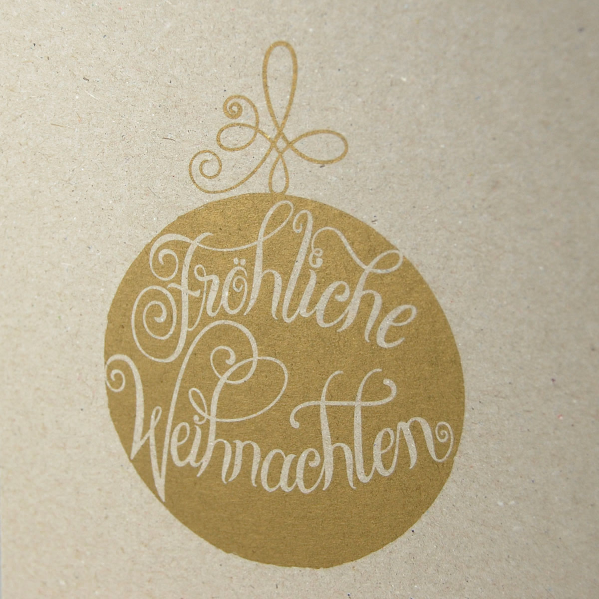 Fröhliche Weihnachten (Christbaumkugel mit Lettering), graue Recycling-Weihnachtskarten mit goldenem Druck