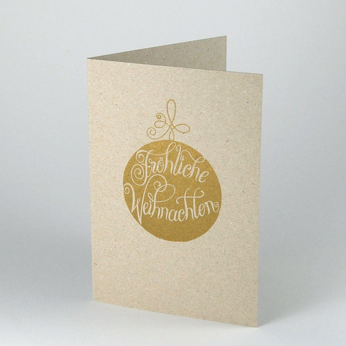 Fröhliche Weihnachten (Christbaumkugel mit Lettering), graue Recycling-Weihnachtskarten mit goldenem Druck
