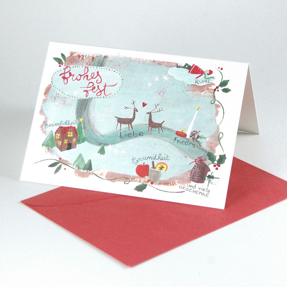 Ruhe, Gesundheit, Frieden, Recycling-Weihnachtskarten mit farbigen Umschlägen