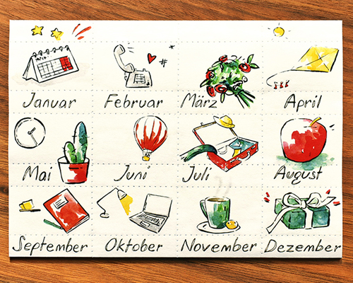 Neujahrskarten mit witzigen Etiketten für Januar bis Dezember