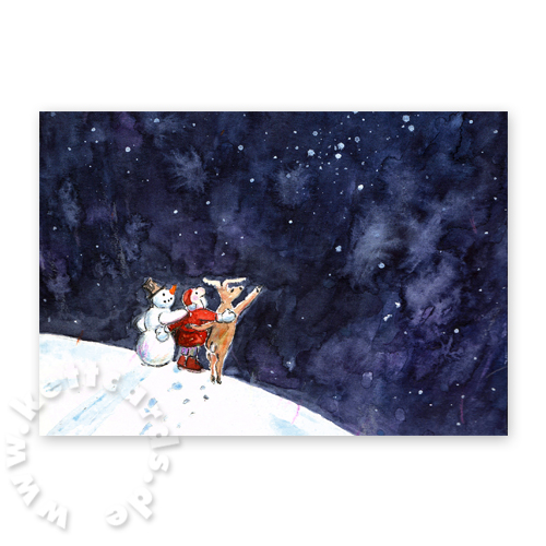 Der Weihnachtsmann, sein Rentier und ein Schneemann schauen in den Nachthimmel, Weihnachtskarten