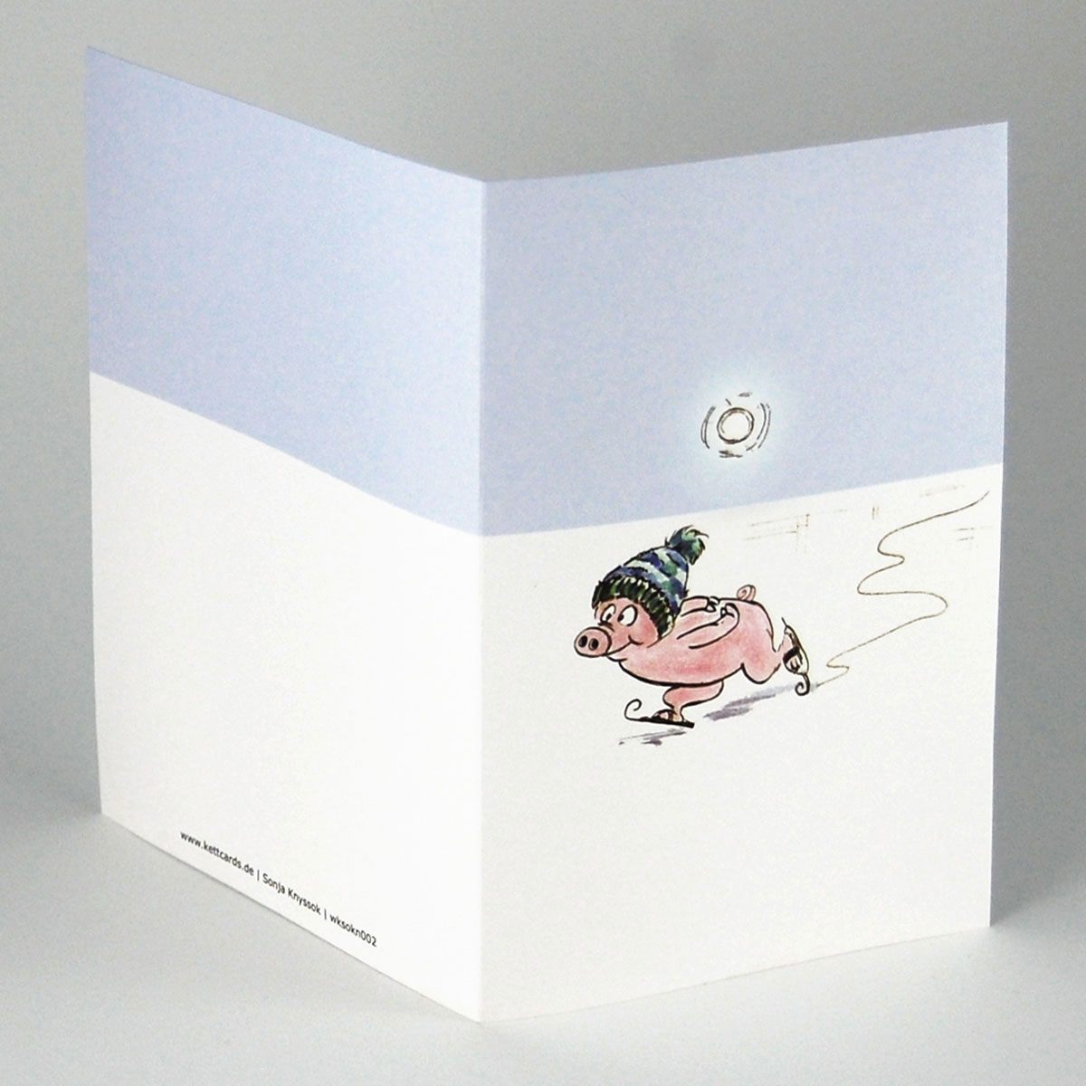Cartoon-Weihnachtskarten mit Schwein auf Schlittschuhen