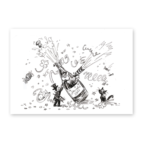 Punkt Mitternacht, Neujahrskarten mit Sekt und Schornsteinfeger