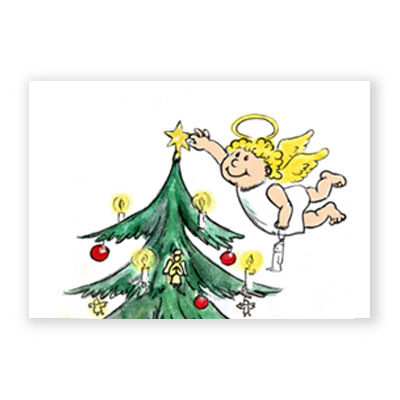 Engel schmückt einen Weihnachtsbaum, Weihnachtskarten