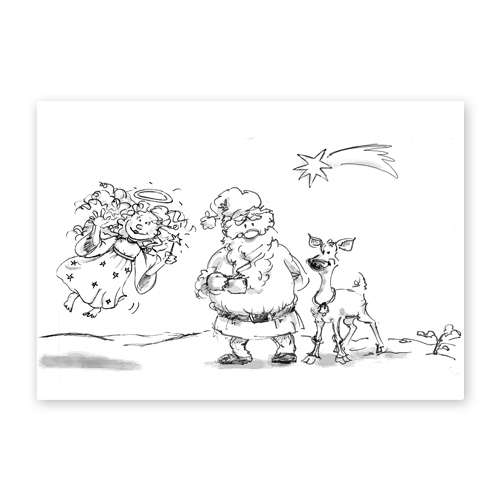 Weihnachtsmann mit einer dampfenden Teetasse und dabei Rudolf und Engelchen, Weihnachtskarten
