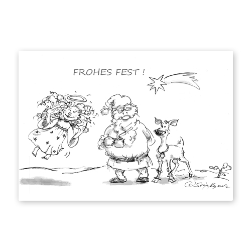 Frohes Fest! - Weihnachtsmann mit Rudolf und Engelchen, witzige Weihnachtskarten