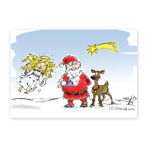 Weihnachtsmann mit einer dampfenden Teetasse und dabei Rudolf und Engelchen, knuffige Weihnachtskarten