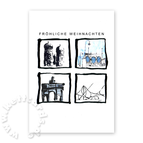 Münchener Weihnachtskarten: Frauenkirche, Feldherrenhalle, Siegestor und Olympiastadion