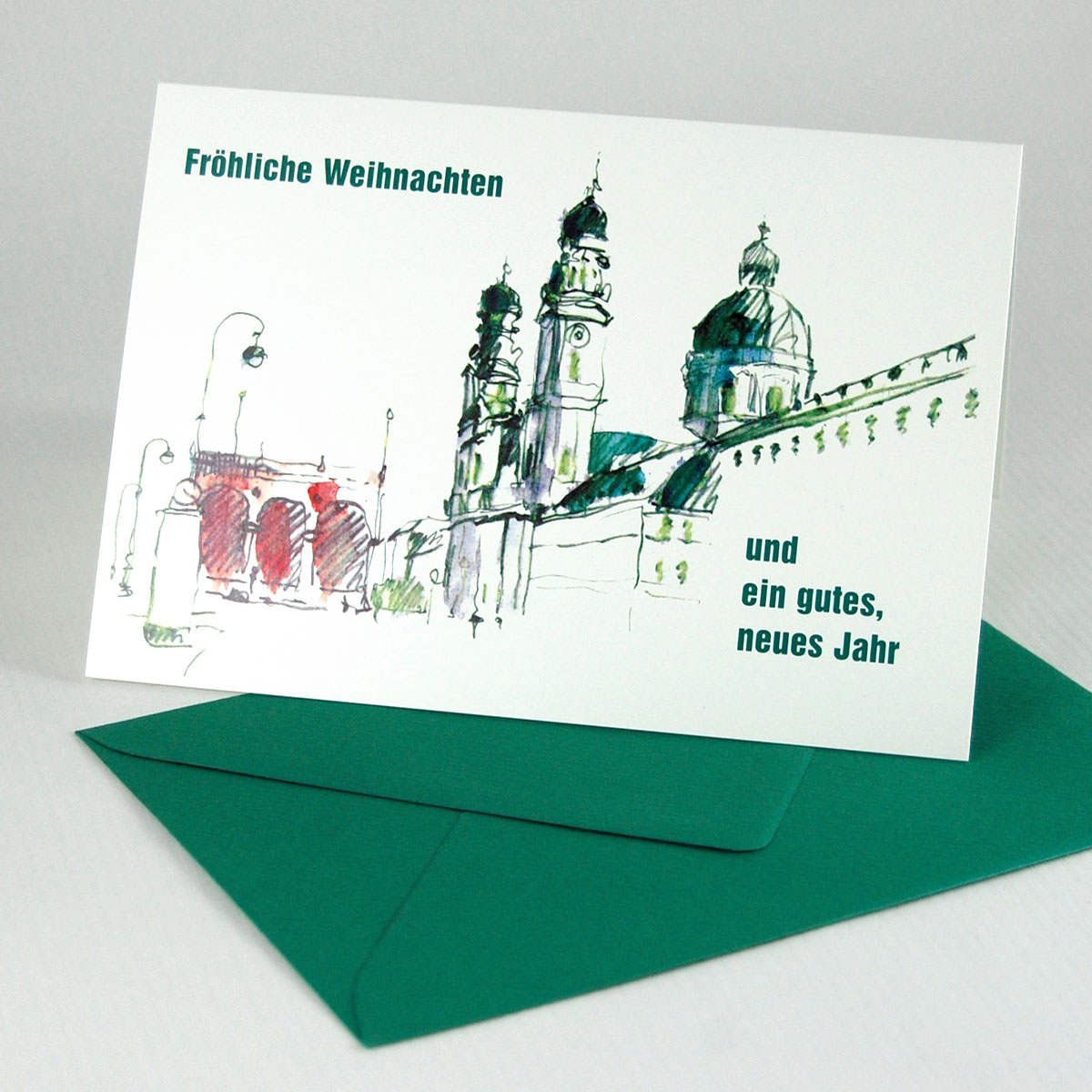 Münchener Weihnachtskarten mit farbigen Umschlägen: Theatinerkirche mit Feldherrenhalle