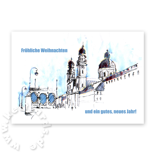 blauweiße Weihnachtskarten: Theatinerkirche mit Feldherrnhalle, München