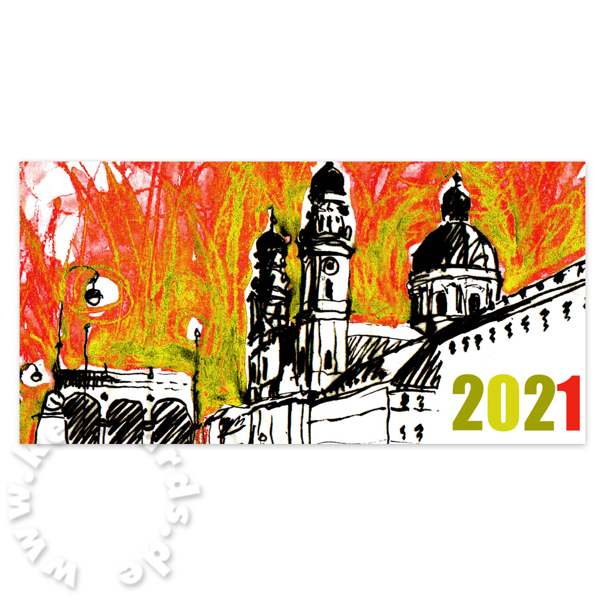 Neujahrskarten: Theatinerkirche mit Feldherrnhalle, München + Firmendruck