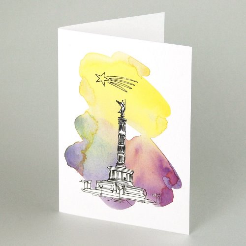 bunte Berliner Weihnachtskarten mit Siegessäule, Federzeichnung mit hinterlegtem farbigem Aquarell