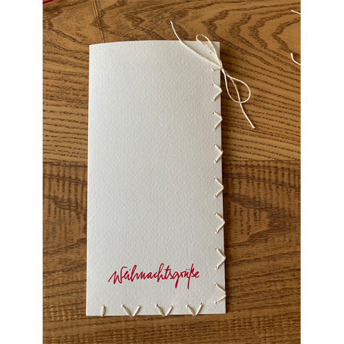 handgenähte Weihnachtskarten mit Platz für kleine Geschenke, Druck in Sonderfarben möglich