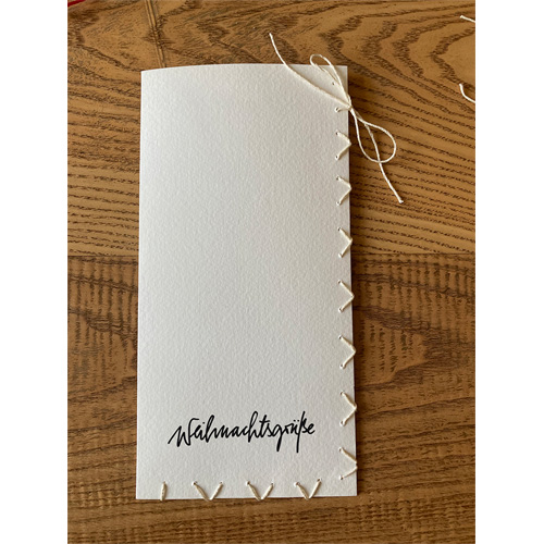 handgenähte Weihnachtskarten mit Platz für kleine Geschenke, Druck in Sonderfarben möglich