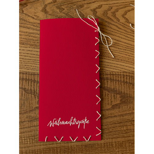 handgenähte Weihnachtskarten mit Platz für kleine Geschenke, Druck in Sonderfarben möglich