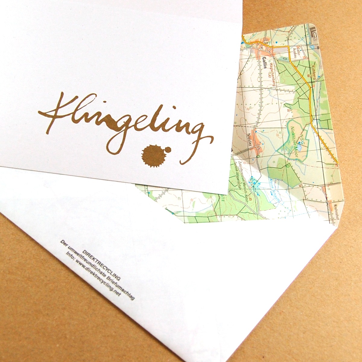 Klingeling, goldene Recycling-Weihnachtskarten mit Direkt-Recyclingumschlag