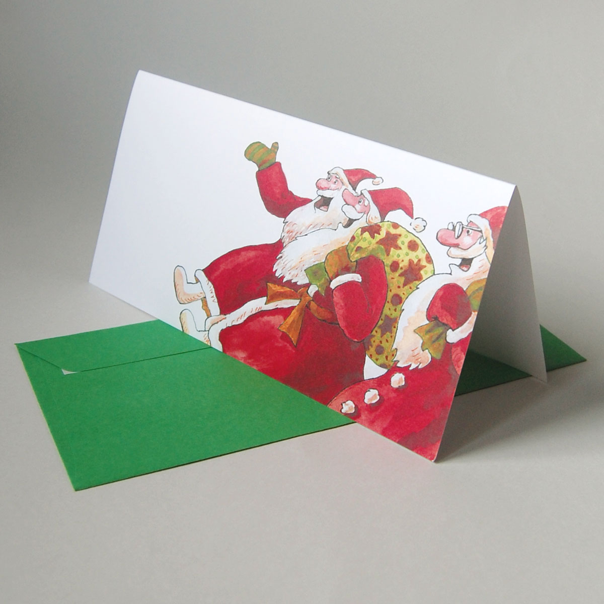 Weihnachtsmänner mit Brille, illustrierte Weihnachtskarten mit farbigen Umschlägen