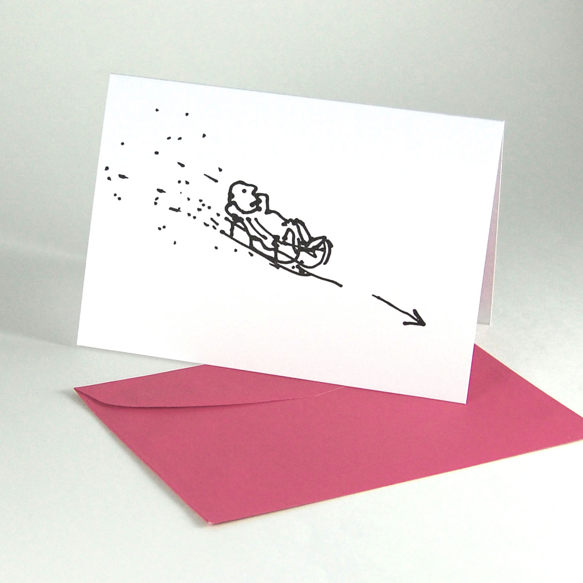Schlittenfahren, Recycling-Weihnachtskarten für Sportler mit roten Recyclingumschlägen