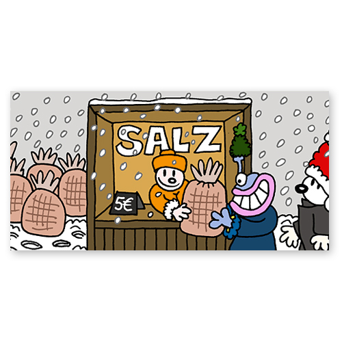 witzige Cartoon-Weihnachtskarten über Angebot und Nachfrage: Salzverkauf auf dem Weihnachtsmarkt