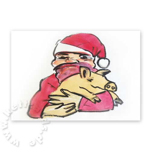 Künstler-Weihnachtskarten mit Weihnachtsmann und Ferkel: sauviel Glück