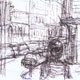 Zeichnung einer Straße mit Fussgängern und Ampel