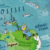 Illustrierte Karte der Insel Rügen mit Ostseebädern, Seebrücken und Sehenswürdigkeiten